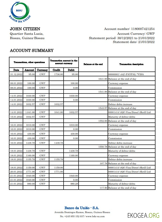 Relevé bancaire de Guinée Bissau Banco da Uniao xls